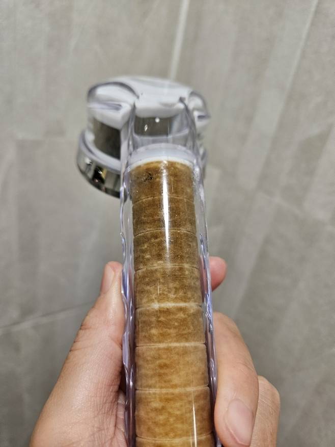 광주지역 한 맘카페에 올라온 하루도 되지 않아 갈색으로 변해버린 샤워기 필터. 사진=광주시맘카페
