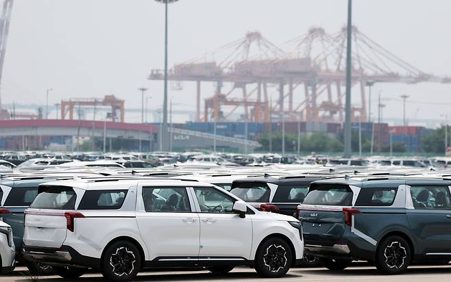 경기 평택시 포승읍 평택항에 수출용 차량들이 선적을 앞두고 대기한 모습. /뉴스1