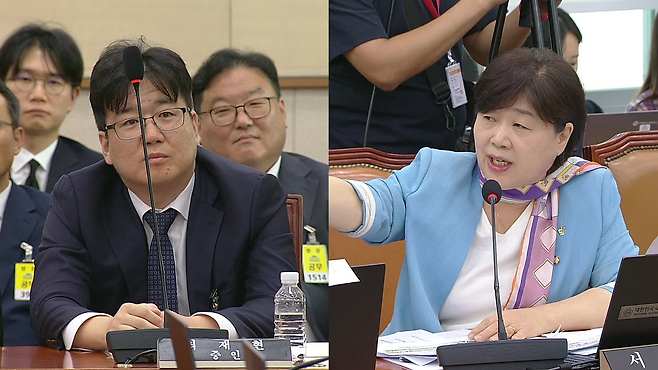 마이크를 천장 쪽으로 올려놓고 서영교 의원 질의를 듣는 최재현 검사.