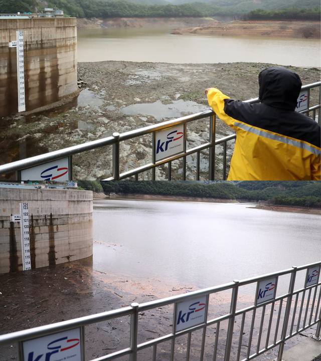 강원 강릉 지역 주 상수원인 오봉저수지의 저수율이 22일 60% 수준까지 올라온 가운데 21일 오봉저수지 물이 꽤 차올라 정상 수준 모습을 보이고 있다. 위 사진은 바닥을 드러내던 지난 13일 저수지 상황. 연합뉴스