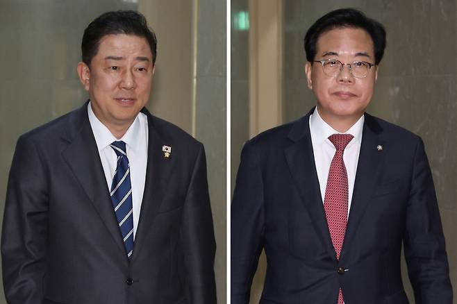 김병기(왼쪽) 더불어민주당 원내대표와 송언석 국민의힘 원내대표가 지난 9일 국회 운영위원장실로 들어가고 있다. [연합]
