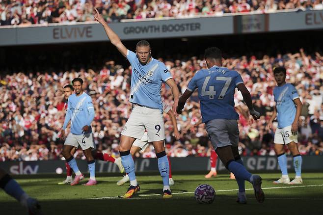 [런던=AP/뉴시스] 잉글랜드 프로축구 프리미어리그(EPL) 맨체스터 시티의 엘링 홀란. 2025.09.21.