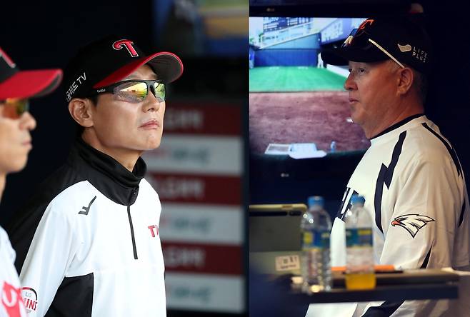 염경엽 LG 감독(왼쪽)과 김경문 한화 감독.   정지윤 선임기자·연합뉴스