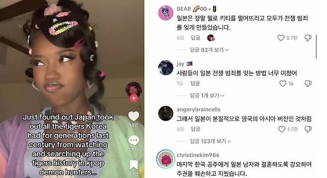 일본의 만행을 알린 틱톡커와 해당 게시물에 달린 댓글들. /틱톡