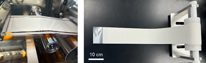 코마 코터를 사용한 대면적 고체전해질막 제조 공정(인쪽), 롤 형태로 제조된 대면적 고체전해질막.