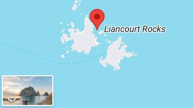 전 세계 42개국 구글 지도에서 독도가 '리앙쿠르 암초(Liancourt Rocks)'로 표기된 모습 (사진, 서경덕 성신여대 교수)
