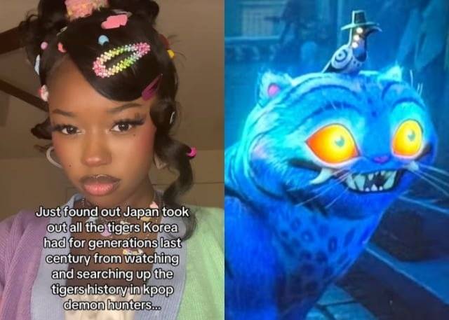 일제 강점기 시절 한국 호랑이 토벌 사실을 언급하는 해외 틱톡커와 ‘케데헌’ 캐릭터 ‘더피’ . [틱톡 영상 갈무리]