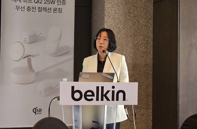 신지나 벨킨 한국지사장이 22일 서울 더플라자 호텔에서 열린 2025 벨킨 프리미엄 차세대 충전 솔루션 발표회에서 발언하고 있다.