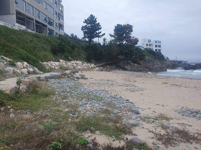 24일 포항시 북구 송라면 화진리 화진해수욕장 북쪽 끝 해안의 모래사장이 대거 파도에 휩쓸려 나가 휑한 모습을 드러냈다.