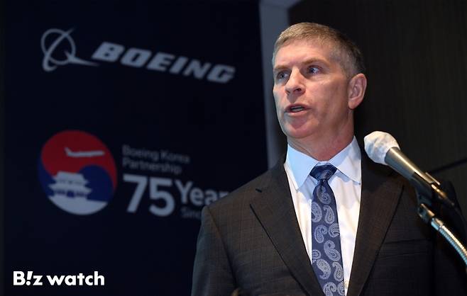윌 셰이퍼 보잉코리아 사장이 24일 서울 중구 롯데호텔에서 열린 보잉·대한민국 파트너십 75주년 기념 기자간담회에 참석해 인사말을 하고 있다./사진=이명근 기자 qwe123@