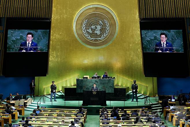이재명 대통령이 23일(현지시간) 미국 뉴욕 유엔 본부에서 열린 제80차 유엔 총회에서 기조연설을하고 있다. ⓒ 로이터=뉴스1 ⓒ News1 황기선 기자