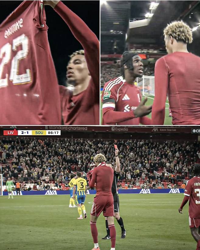 위고 에키티케가 사우샘프턴전 득점 후 유니폼을 벗어 경고 누적으로 퇴장당했다. 사진=ESPNFC