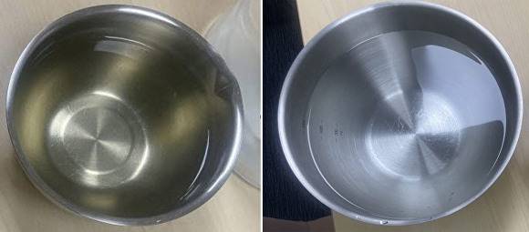 필터를 통과한 수돗물(왼쪽)과 필터를 사용하지 않은 수돗물. [사진=광주시]