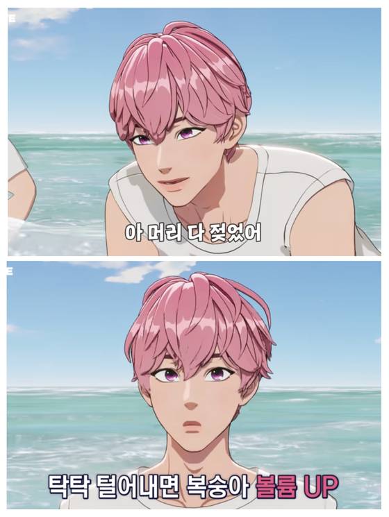 플레이브 멤버가 물에 젖은 머리(위)를 털어내자 볼륨이 살아나는 등(아래) 모션에 따라 변화가 생기는 모습. [사진 유튜브 캡처]