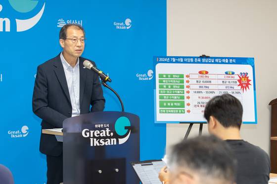 익산로컬푸드직매장 어양점에서 불거진 횡령·배임 의혹과 관련, 권혁 익산시 바이오농정국장이 23일 익산시청에서 브리핑을 열고 "감사 결과 조합 측이 매장 운영 수익으로 조합원에게 부당하게 배당하는 등 계약 위반 사실이 드러나 계약 해지 절차를 밟을 예정"이라고 밝히고 있다. 사진 익산시