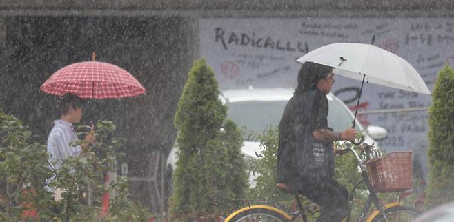 전국이 대체로 흐리고 비가 내리는 24일 서울광장 주변에서 우산을 쓴 시민들이 발걸음을 옮기고 있다. 연합뉴스