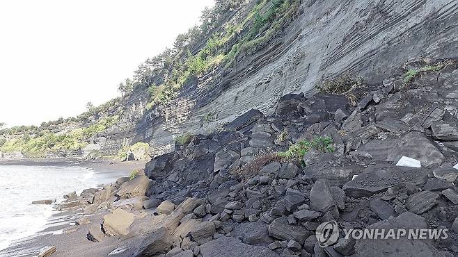 무너져 내린 송악산 절벽 (서귀포=연합뉴스) 박지호 기자 = 최근 제주 서귀포시 대정읍 송악산 절벽 일부가 무너져 24일 오전 해안에 대량의 낙석이 쌓여 있다. 2025.9.24 jihopark@yna.co.kr