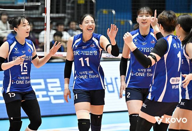 득점 후 기뻐하는 IBK기업은행 선수들 [한국배구연맹 제공. 재판매 및 DB 금지]
