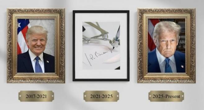 도널드 트럼프 대통령이 지난 3월 자신의 소셜미디어에 공유한 '밈'. 바이든 전 대통령의 초상화가 놓여야 할 자리에 오토펜이 서명하는 사진이 대신 붙어 있다. /트루스소셜