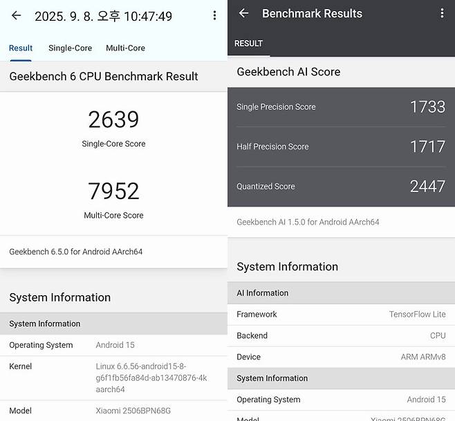 긱벤치6(왼쪽)와 긱벤치 AI로 측정한 샤오미 15T 프로 성능. 사진=구자윤 기자