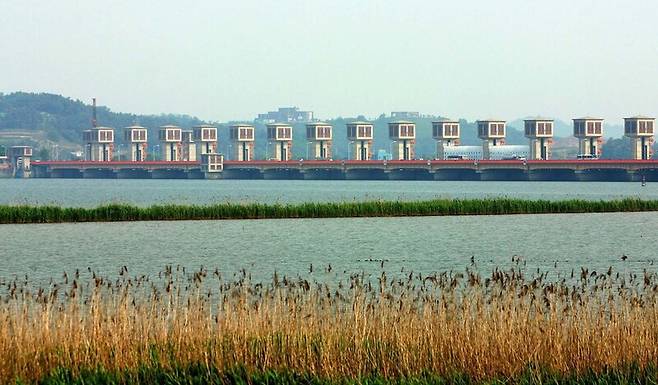 신성리 갈대밭에서 바라본 금강 하굿둑. 연합뉴스