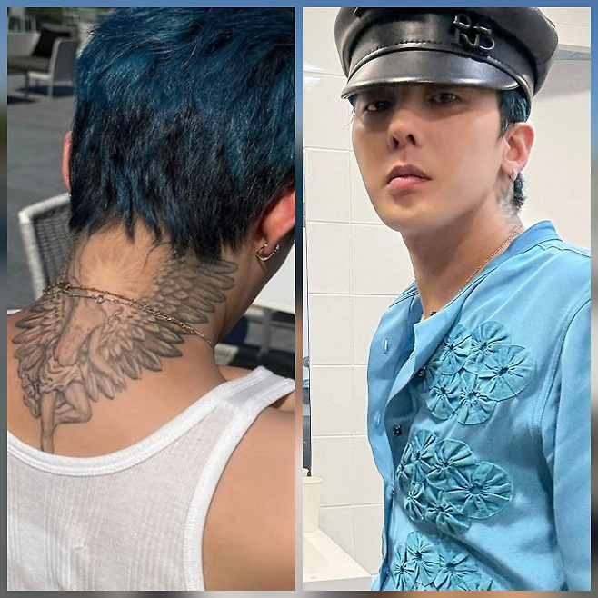 지드래곤이 목에 새긴 강렬한 타투와 상징적인 문양으로 또 한 번 독보적인 아우라를 발산했다. 사진=지드래곤 SNS