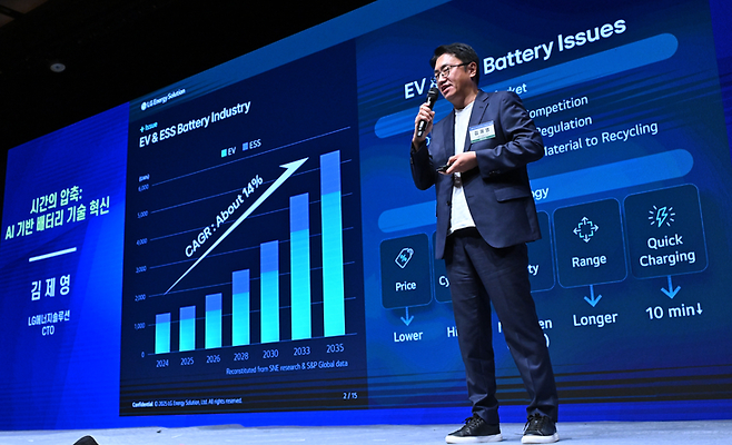 김제영 LG에너지솔루션 CTO가 24일 오전 서울 중구 신라호텔 다이너스티홀에서 열린 ‘헤럴드 기업포럼 2025’에서 ‘시간의 압축: AI 기반 배터리 기술 혁신’을 주제로 강연을 하고 있다. 임세준 기자