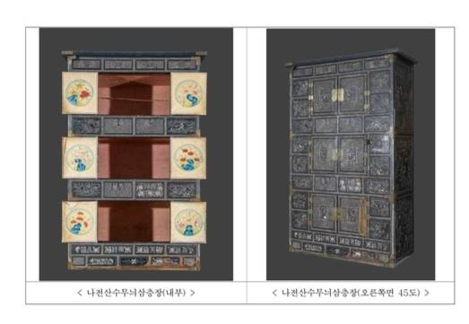 나전산수무늬삼층장 내부와 측면. 국가유산청