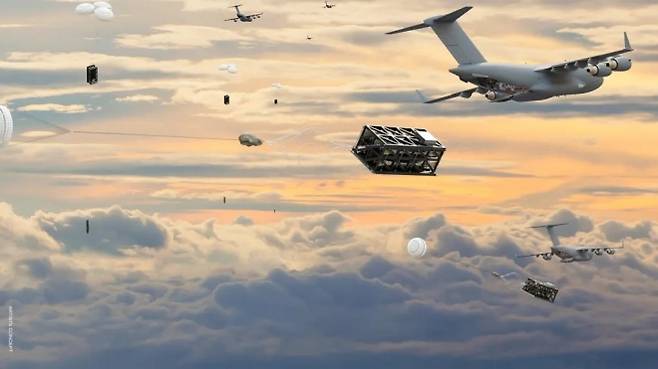 제너럴 아토믹스가 공개한 롱숏 렌더링. C-17 수송기가 팔레트형 ‘래피드 드래곤’ 시스템을 이용해 롱숏 드론을 대량으로 공중 투하하는 장면이 묘사됐다. 제너럴 아토믹스 제공