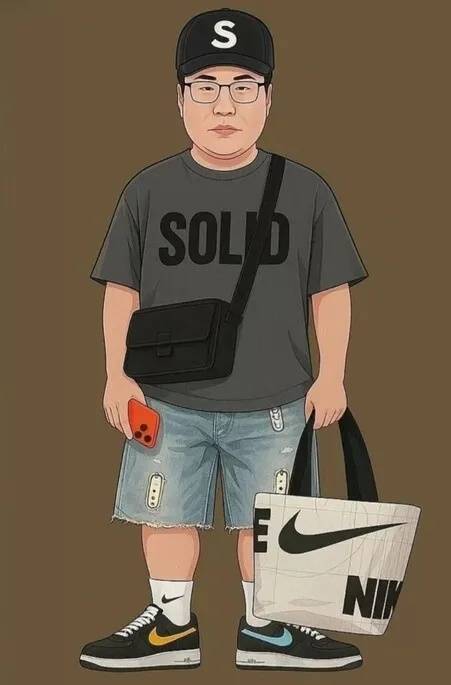 애플의 신제품 ‘아이폰17 프로맥스’ 오렌지 색상 제품을 손에 든 ‘영포티' 모습을 형상화한 이미지. 온라인 커뮤니티 갈무리