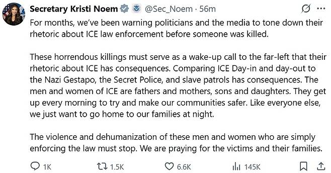 크리스티 놈 국토안보부 장관이 엑스에 올린 글 [X 게시물 캡처. 재판매 및 DB 금지]