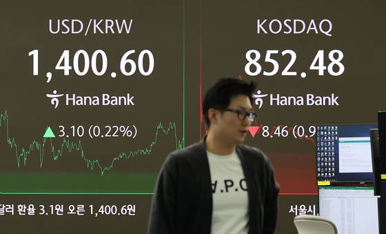 원·달러 환율이 전 거래일보다 3.1원 오른 1400.6원에 마감했다. 주간 종가기준 1400선이 깨진 것은 지난달 1일(1401.4원) 이후 처음이다. 코스피는 1.03포인트(0.03%) 하락한 3471.11, 코스닥은 8.46포인트(0.98%) 내린 852.48에 마감했다. 사진은 5일 오후 서울 중구 하나은행 딜링룸. [뉴시스]