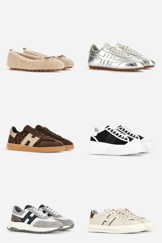 이번 시즌 호간의 대표 스니커즈들. 맨위 오른쪽부터 순서대로 시어링 소재로 귀여운 느낌을 살린 올림피아 발레리나와 메탈릭 소재로 새롭게 선보인 올림피아 스니커즈. 레트로 디자인에 애니멀 프린트 포인트의 쿨 스니커즈와 초경량 아웃솔과 웨이브 디테일로 도시 여성의 일상을 책임질 H-스트라이프 스니커즈. 유려한 곡선과 다이내믹한 실루엣이 특징인 남성용 스니커즈 하이퍼라이트와 그림자 디테일의 H로고가 돋보이는 H691 스니커즈. 사진 호간