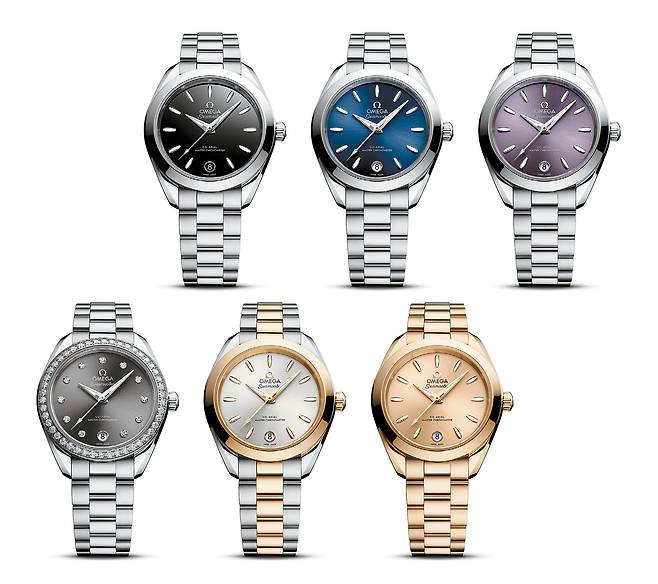 다양한 케이스 소재와 다이얼로 구성된 씨마스터 아쿠아 테라 150M의 대표 제품. 사진 오메가