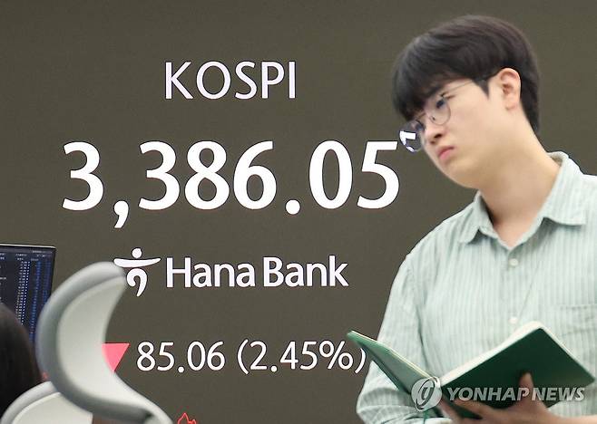 코스피 2.5% 가량 급락 (서울=연합뉴스) 임화영 기자 = 코스피가 급락한 26일 서울 중구 하나은행 딜링룸 현황판에 코스피 종가가 표시돼 있다.
     이날 코스피는 전장 대비 85.06포인트(2.45%) 내린 3,386.05, 코스닥지수도 전장 대비 17.29포인트(2.03%) 내린 835.19에 거래를 마치며 하락했다. 2025.9.26 hwayoung7@yna.co.kr