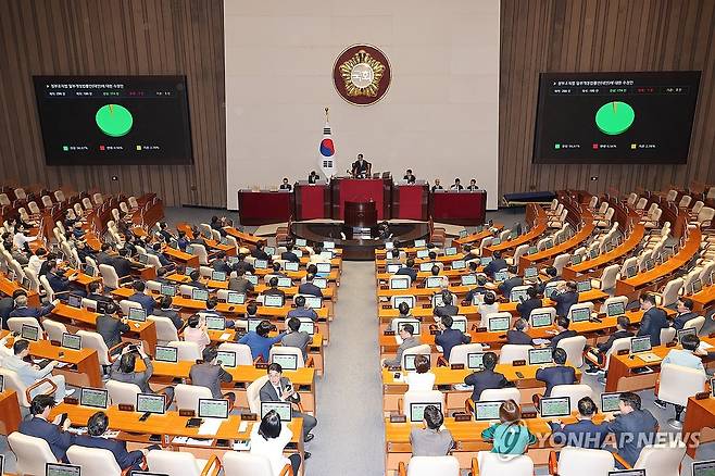 정부조직법 일부개정법률안에 대한 수정안 통과 (서울=연합뉴스) 박동주 기자 = 26일 서울 여의도 국회 본회의에서 정부조직법 일부개정법률안에 대한 수정안이 통과되고 있다. 2025.9.26 pdj6635@yna.co.kr