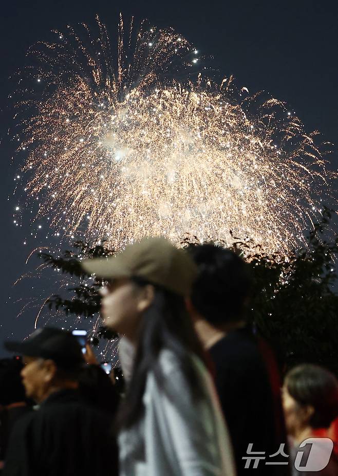27일 서울 여의도 한강공원 일대 밤하늘이 '2025 서울세계불꽃축제'의 불꽃쇼로 화려함을 뽐내고 있다. 2025.9.27/뉴스1 ⓒ News1 김민지 기자