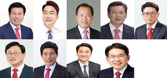9명의 국민의힘 기초단체장들 윗쪽 왼쪽부터 시계방향 순으로 류규하 중구청장, 윤석준 동구청장, 류한국 서구청장, 조재구 남구청장, 배광식 북구청장, 김진열 군위군수, 최재훈 달성군수, 이태훈 달서구청장,김대권 수성구청장 [사진=각 기초단체]