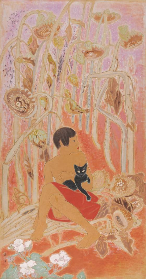 천경자, 정(靜), 1955, 종이에 채색, 162.6x85cm, 부국문화재단소장. [사진 서울미술관]