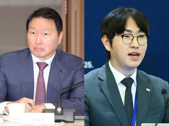 SK Chairman Chey Tae-won, left, and Ha Jung-woo, senior presidential secretary for AI policy and future planning [YONHAP, JOINT PRESS CORPS]