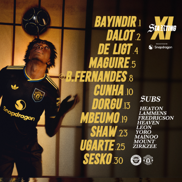맨유는 골키퍼 바이은드르를 시작으로 더 리흐트-매과이어-쇼-달로-우가르테-페르난데스-도르구-음뵈모-쿠냐-세슈코가 선발 출전했다. 사진=맨체스터 유나이티드 SNS