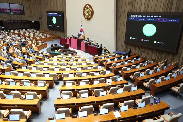 27일 국회에서 열린 본회의에서 방송미디어통신위원회의 설치 및 운영에 관한 법률안이 통과되고 있다. 연합뉴스