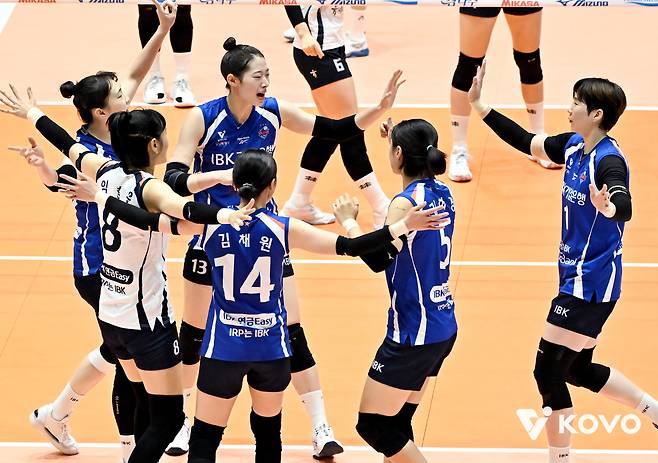 여자 배구 IBK기업은행 선수들이 28일 여수 진남체육관에서 열린 컵대회 결승 한국도로공사전에서 득점 후 기뻐하고 있다. KOVO 제공