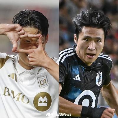 로스앤젤레스FC 공격수 손흥민(왼쪽)과 세인트루이스 시티의 정상빈. /AFPBBNews=뉴스1