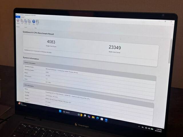 퀄컴 '스냅드래곤 X2 엘리트 익스트림'에 탑재된 CPU의 실제 벤치마크 테스트 결과(사진=공동취재단)