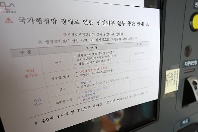 29일 오전 광주광역시 동구 지산1동 행정복지센터에 민원 처리와 관련한 안내 문구가 붙어 있다. /뉴스1