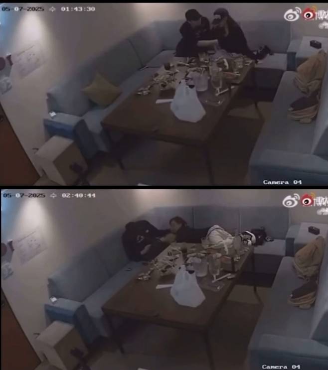 영상을 보면 남녀는 술집 룸으로 보이는 곳에서 스킨십을 하고 있다. 남성은 소파에 누운 여성의 머리카락을 만졌고, 여성이 방을 나가려고 하자 뒤에서 껴안았다. 여성은 룸 안에서 전자담배를 피우기도 했다. /사진=웨이보 캡처