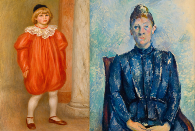 전시는 두 거장이 세상을 바라보고 표현한 방식의 차이를 쉽게 비교할 수 있도록 유사한 주제를 다룬 두 화가의 그림을 나란히 배치하는 방식으로 구성돼 눈길을 끈다. 전시 도입부에서 관람객은 두 화가가 가족을 그린 작품 '광대 옷을 입은 클로드 르누아르(왼쪽)'와 '세잔 부인의 초상'이 나란히 걸린 모습을 확인할 수 있다. 사진 제공=예술의전당