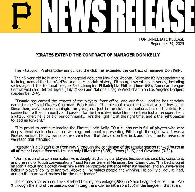 (켈리 감독의 연장계약 소식을 전한 피츠버그 구단 보도자료)