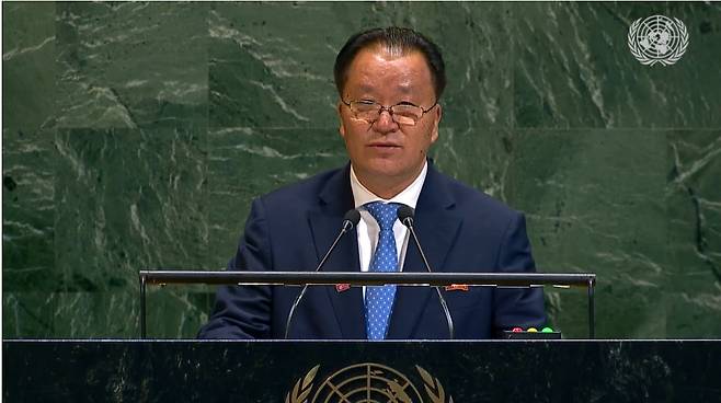 김선경 북한 외무성 부상이 제80차 유엔총회에서 발언하는 모습. (UN Web TV 갈무리)